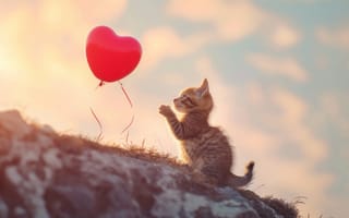 Картинка Кот, Котенок, Шарик, Сердце, Любовь, Закат, На улице, Игривый, Милый, Небо, Облака, Свет, Кошка, Животное, Фантазийный, Искусственный интеллект