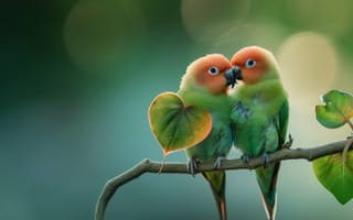 Картинка птицы, неразлучники, ветвь, красочный, тропический, романтический, любящий, природа, дикая природа, зеленый, листья, боке, ИИ искусство
