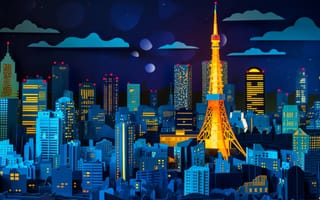 Картинка иллюстрация, фиолетовый, городской пейзаж, Токийская башня, ночь, линия горизонта, цифровое искусство, неоновые цвета, футуристический город, здания, звезды, облака, ИИ искусство