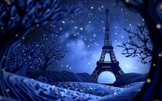 Картинка Париж, Эйфелева башня, ночь, звезды, пейзаж, иллюстрация, синий, силуэт, деревья, романтический, путешествовать, ориентир, линия горизонта, ночной, туристическая достопримечательность, ИИ искусство