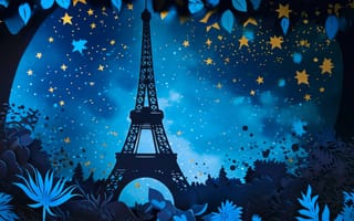 Картинка Париж, Эйфелева башня, ночь, звезды, пейзаж, иллюстрация, синий, силуэт, деревья, романтический, путешествовать, ориентир, линия горизонта, ночной, туристическая достопримечательность, ИИ искусство