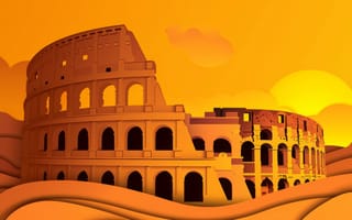 Картинка Колизей, Рим, Италия, закат, иллюстрация, цифровое искусство, древняя архитектура, историческая достопримечательность, Римская империя, золотой час, путешествовать, туризм, облака, небо, теплые цвета, ИИ искусство