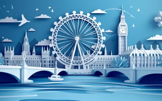 Картинка бумажное искусство, Лондонский горизонт, синий и белый, лондонский глаз, Биг Бен, вырезать, иллюстрация, креативность, городской пейзаж, достопримечательности, landmarks, искусство, дизайн, бумажная модель, мосты, река Темза, силуэт, ИИ искусство