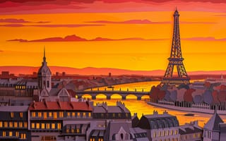 Картинка Париж, Эйфелева башня, закат, линия горизонта, оранжевый оттенок, городской пейзаж, ориентир, туризм, сумерки, силуэт, пункт назначения, мост, архитектура, городской, ИИ искусство