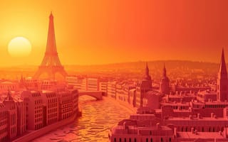 Картинка Париж, Эйфелева башня, закат, линия горизонта, оранжевый оттенок, городской пейзаж, ориентир, туризм, сумерки, силуэт, пункт назначения, мост, архитектура, городской, ИИ искусство