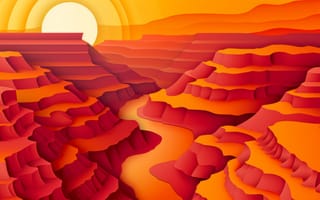 Картинка абстрактный, красочный, каньон, закат, иллюстрация, искусство, пейзаж, слои, цифровой, яркий, апельсин, красный, желтый, ИИ искусство
