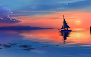 Картинка закат, парусная лодка, спокойная вода, сумерки, океан, мирный, силуэт, спокойный, море, пейзаж, искусство, фиолетовое небо, отражение, облака, птицы, ИИ искусство