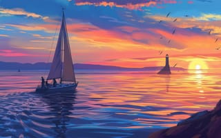 Картинка закат, парусная лодка, спокойная вода, сумерки, океан, мирный, силуэт, спокойный, море, пейзаж, искусство, фиолетовое небо, отражение, облака, птицы, ИИ искусство