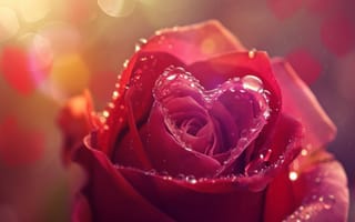 Картинка роза крупным планом, красный цветок, боке, капли воды, концепция любви, яркие цвета, цветочная красота, форма сердца в природе, ИИ искусство