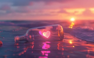 Картинка бутылка, сердце, закат, океан, вода, розовое небо, плавающий, романтический, символ любви, море, спокойная сцена, послание в бутылке, светящееся сердце, мирный, отражение, ИИ искусство