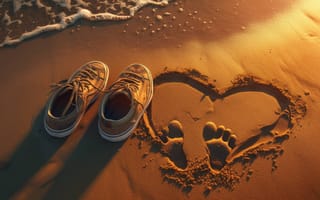 Картинка пляж, закат, кроссовки, песок, форма сердца, романтика, следы, спокойствие, свидание на пляже, отпуск, Приморский, ИИ искусство