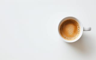 Картинка белый, чашка кофе, вид сверху, эспрессо, минималистичный дизайн, кофеин, горячий напиток, пенистый кофе, простота, чистый, напиток для завтрака, ИИ искусство