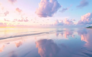 Картинка пляж, закат, облака, отражение, песок, спокойствие, пастельные тона, восход, береговая линия, умиротворенность, мирный, океан, рассвет, набережная, небо, природа, пейзаж, ИИ искусство