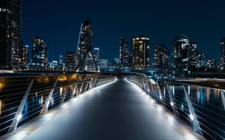 Картинка мост, ночь, освещенный, городской пейзаж, современная архитектура, дорожка, сумерки, городской, футуристический, огни, пешеходный мост, вечер, ИИ искусство