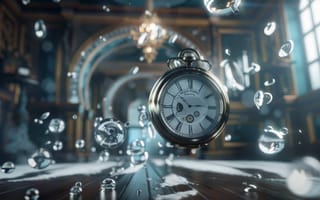 Картинка Винтажные Часы, Сюрреализм, 3D Рендеринг, Пузыри, Прохождение Времени, Деревянный Пол, Великая Архитектура, Плавающий Эффект, Эффекты Света, Закрытая Сцена, Искусственный Интеллект