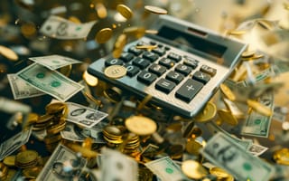 Картинка Калькулятор, Деньги, Доллары США, Монеты, Золото, Изобилие, Финансы, Сбережения, Инвестиции, Богатство, Валюта, Экономика, Денежный поток, Финансовая концепция, Арифметика, Бюджетирование, Монетарный, Процветание, Расчет, Искусственный интеллект