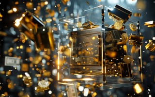 Картинка 3D иллюстрация, финансовый, валюта, деньги, биткойн, банкноты, монеты, золото, плавающий, взрыв, богатство, инвестиции, сбережения, прозрачная коробка, искрящийся, AI искусство