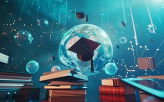 Картинка 3D Голограмма, Земля, Книги, Выпускные шапки, Абстрактная сеть, Цифровой интерфейс, Частицы, Иконки, Глобальное образование, Технологии, Плавающие объекты, Синие тона, Футуристический дизайн, Искусственный интеллект