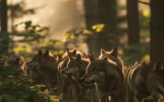 Картинка волки, лес, осень, дикая природа, пакет, деревья, Солнечный лучик, природа, животные, открытый, дикая местность, хищные животные, экосистема, ИИ искусство