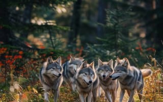 Картинка волки, лес, осень, дикая природа, пакет, деревья, Солнечный лучик, природа, животные, открытый, дикая местность, хищные животные, экосистема, ИИ искусство