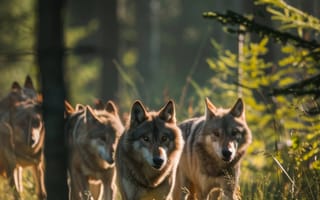 Картинка волки, лес, осень, дикая природа, пакет, деревья, Солнечный лучик, природа, животные, открытый, дикая местность, хищные животные, экосистема, ИИ искусство