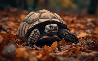 Картинка черепаха, деревянный пол, сухие листья, дикая природа, природа, животное, оболочка, рептилия, коричневые и желтые листья, осенний сезон, естественный свет, вид крупным планом, ИИ искусство