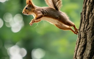 Картинка белка, дерево, красный, альпинизм, дикая природа, природа, милый, лес, животное, ловкость, зелень, лаять, на открытом воздухе, боке, ИИ искусство