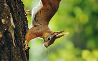 Картинка белка, дерево, красный, альпинизм, дикая природа, природа, милый, лес, животное, ловкость, зелень, лаять, на открытом воздухе, боке, ИИ искусство