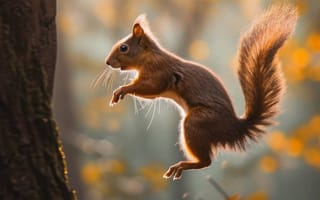 Картинка белка, дерево, красный, альпинизм, дикая природа, природа, милый, лес, животное, ловкость, зелень, лаять, на открытом воздухе, боке, ИИ искусство