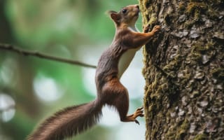 Картинка белка, дерево, красный, альпинизм, дикая природа, природа, милый, лес, животное, ловкость, зелень, лаять, на открытом воздухе, боке, ИИ искусство