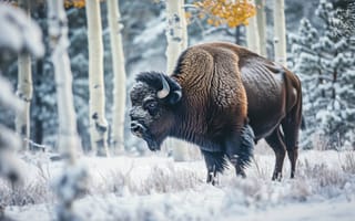 Картинка бизон, снег, дикая природа, зима, американский буйвол, естественная среда обитания, лес, пейзаж, природа, ИИ искусство