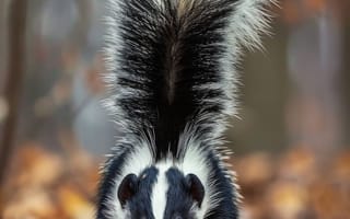 Картинка скунс, лес, дикая природа, животное, пушистый, черное и белое, листья, лесной массив, природа, полосатый хвост, ИИ искусство