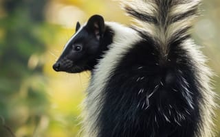Картинка скунс, лес, дикая природа, животное, пушистый, черное и белое, листья, лесной массив, природа, полосатый хвост, ИИ искусство
