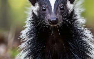 Картинка скунс, лес, дикая природа, животное, пушистый, черное и белое, листья, лесной массив, природа, полосатый хвост, ИИ искусство