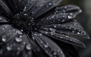 Картинка черный, цветок, капли воды, макрос, крупный план, темный, монохромный, природа, текстура лепестка, цветочный, капли дождя, георгин, ИИ искусство