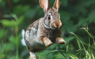 Картинка кролик, трава, природа, дикая природа, прыгать, движение, коричневый, милый, пушистый, дикий, зелень, на открытом воздухе, активный, животное, ИИ искусство