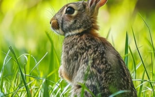 Картинка кролик, трава, природа, дикая природа, прыгать, движение, коричневый, милый, пушистый, дикий, зелень, на открытом воздухе, активный, животное, ИИ искусство