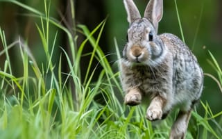 Картинка кролик, трава, природа, дикая природа, прыгать, движение, коричневый, милый, пушистый, дикий, зелень, на открытом воздухе, активный, животное, ИИ искусство