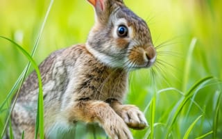 Картинка кролик, трава, природа, дикая природа, прыгать, движение, коричневый, милый, пушистый, дикий, зелень, на открытом воздухе, активный, животное, ИИ искусство