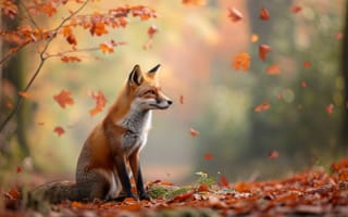 Картинка лиса, осень, дикая природа, природа, Вульпы Вульпы, лес, осенние цвета, оранжевые листья, животное, лесной массив, естественная среда обитания, время года, фауна, ИИ искусство