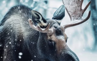 Картинка лось, снег, зима, дикая природа, лес, рога, природа, холодный, животное, естественная среда, величественный, белый, деревья, ИИ искусство