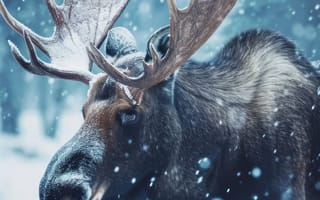 Картинка лось, снег, зима, дикая природа, лес, рога, природа, холодный, животное, естественная среда, величественный, белый, деревья, ИИ искусство