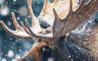 Картинка лось, снег, зима, дикая природа, лес, рога, природа, холодный, животное, естественная среда, величественный, белый, деревья, ИИ искусство