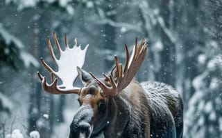 Картинка лось, снег, зима, дикая природа, лес, рога, природа, холодный, животное, естественная среда, величественный, белый, деревья, ИИ искусство