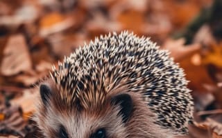 Картинка Ежик, Осенние листья, дикая природа, природа, крупный план, млекопитающее, шипы, коричневые листья, животное, открытый, лесное существо, сезонная дикая природа, ИИ искусство
