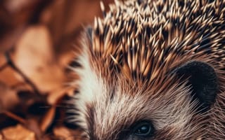 Картинка Ежик, Осенние листья, дикая природа, природа, крупный план, млекопитающее, шипы, коричневые листья, животное, открытый, лесное существо, сезонная дикая природа, ИИ искусство