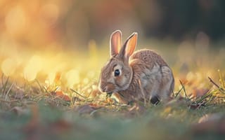 Картинка кролик, поле, дикая природа, природа, золотой час, закат, животное, трава, милый, боке, открытый, теплый свет, мирный, Осенние листья, пушистый, ИИ искусство
