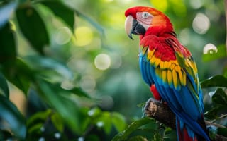 Картинка попугай, ара, красный, синий, желтый, дикая природа, птица, тропический, тропический лес, ветвь, природа, красочный, Ара Макао, перья, клюв, птичий, экзотика, ИИ искусство