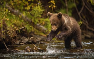 Картинка медведь, река, дикая природа, ловит рыбу, брызги, вода, природа, животное, лес, бурый медведь, млекопитающее, естественная среда, ИИ искусство