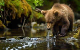 Картинка медведь, река, дикая природа, ловит рыбу, брызги, вода, природа, животное, лес, бурый медведь, млекопитающее, естественная среда, ИИ искусство